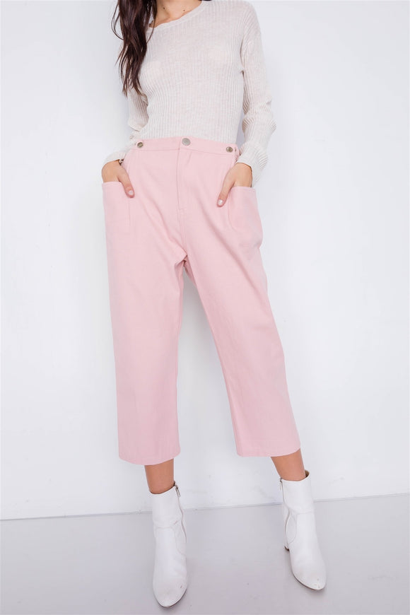 Pastel Chic Solid Ankle Wide Leg Adjustable Snap Waist Pants