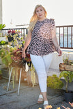 Plus Size Round Neck Back Button Leopard Print Top