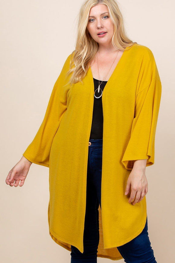 Plus Size Solid Hacci Brush Open Front Long Cardigan With Bell Sleeves