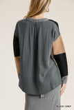 Colorblock Contrasted Cotton Fabric On Back Top With Side Slits And High Low Hem