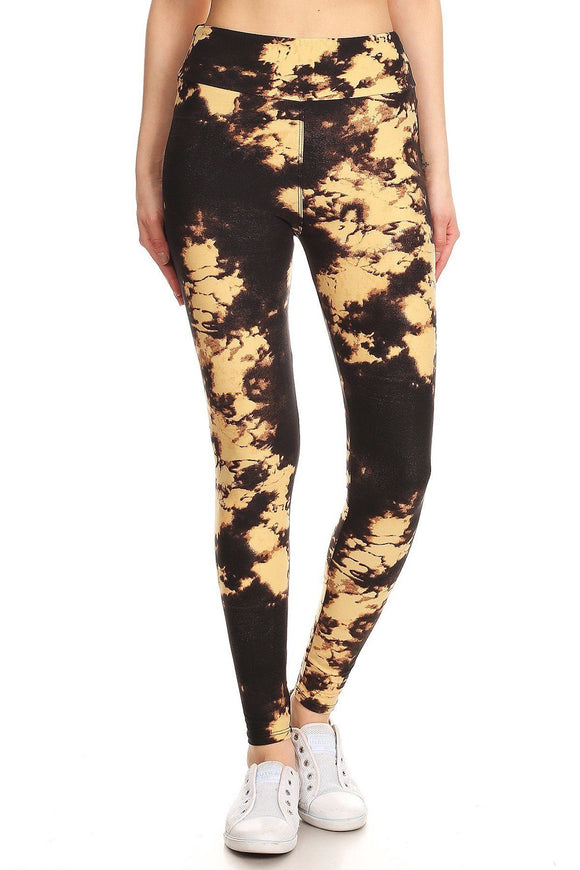 Yoga Style Banded Lined Tie Dye Print, Full Length Leggings In A Slim Fitting Style With A Banded High Waist.