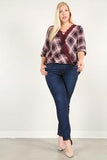 Plaid 3/4 Sleeve Top With Hi-lo Hem, V-neckline, And Relaxed Fit