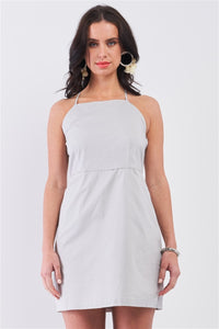 Light Grey Cotton Sleeveless Back Criss Cross Straps Square Neck Side Pockets Apron Mini Dress