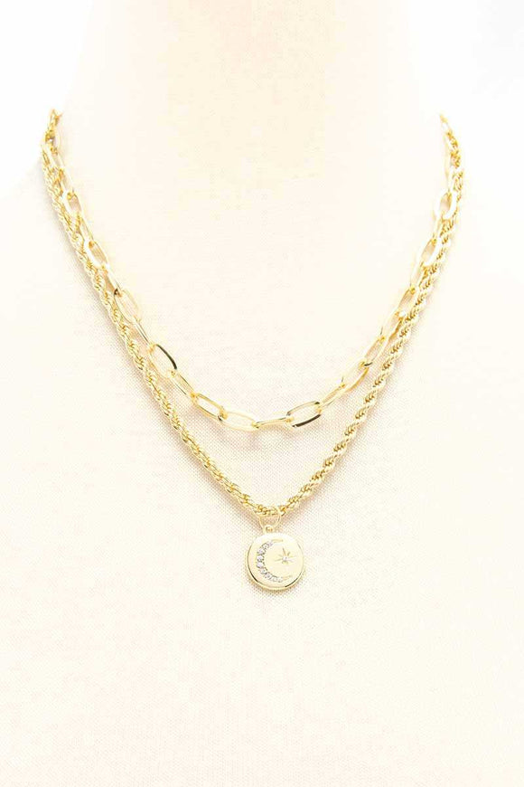 2 Layered Metal Chain Round Pendant Necklace