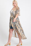 Short Sleeves Long-line Printed Mesh Open Cardigan