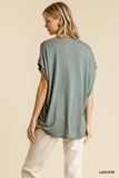 Short Sheer Dolman Sleeve Scoop Neck Top With Side Slit