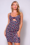 Spaghetti Strap Twist Front Cutout Floral Ruched Mini Dress