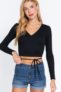 Long Slv Surplice Wrap Rib Knit Top