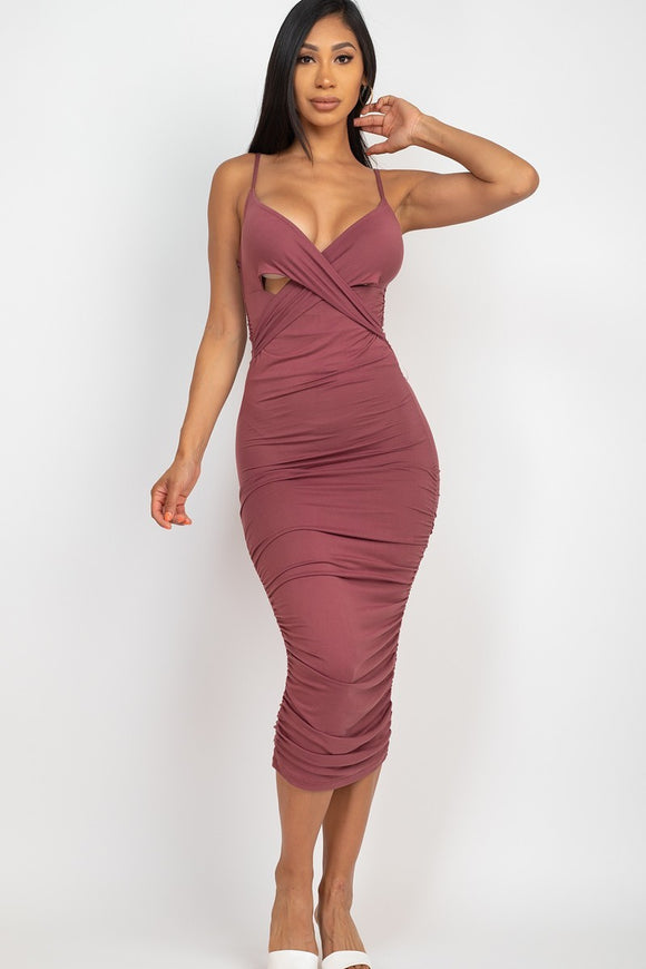 Cross Wrap Ruched Midi Dress