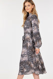 Long Sleeve Pleated Snake Skin Print Midi Dress