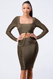 Luxe Waist Gold Chain Cut-out Detail Square Neck Glitter Bodycon Dress