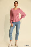 Solid Knit And Chiffon Mixed Top With Puff Long Sleeve