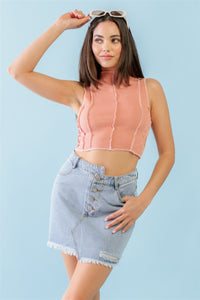 Dark Peach Ribbed Inside-out Sleeveless Mock Neck Crop Top