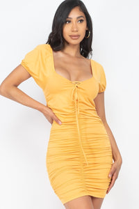 Front Lace Up Ruched Mini Dress