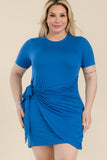 Plus Size Solid Wrap Front Tie Side Short Sleeve Mini Dress