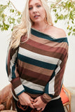 Boat Neck Long Bubble Sleeve Multi Stripe Print Knit Top